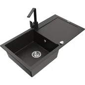 Zlewozmywaki z baterią - Mexen Leo zlewozmywak granitowy 1-komorowy z ociekaczem i baterią kuchenną Rita, czarny/złoty metalik - miniaturka - grafika 1