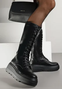 Czarne Sznurowane Kozaki na Platformie w Stylu Grunge Ilovire - Kozaki damskie - miniaturka - grafika 1