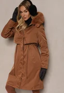 Kurtki damskie - Jasnobrązowa Kurtka Parka ze Ściągaczem Kapturem i Odpinanym Futerkiem Semiriellea - miniaturka - grafika 1