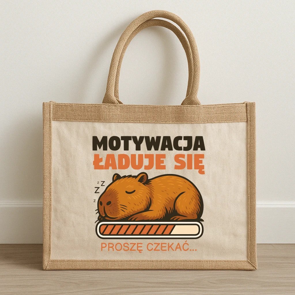 Motywacja ładuje się - proszę czekać - kapibara - Torba z juty na prezent
