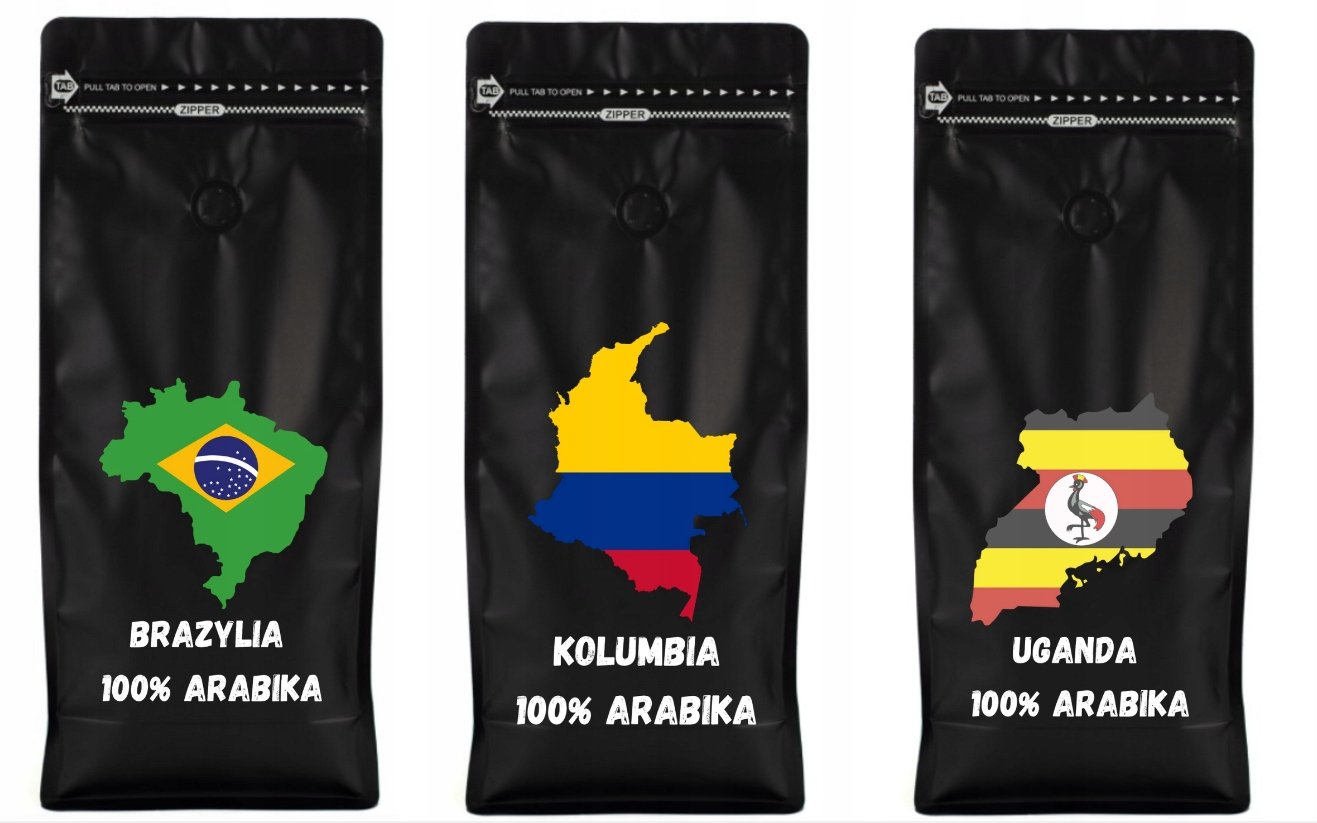 Kawa ziarnista 1KG x3 Zestaw Kaw Brazylia Kolumbia Uganda