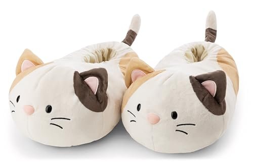 NICI mymochi 62348 Pluszowe kapcie, kotek Angy, ciepłe kapcie dla dzieci i dorosłych, buty w kształcie zwierząt, z antypoślizgową podeszwą, białe, rozmiar M (36–39)