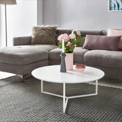 Ławy i stoliki kawowe - Designerski stolik kawowy MDF drewno biały mat metalowa rama ø 80 cm - miniaturka - grafika 1