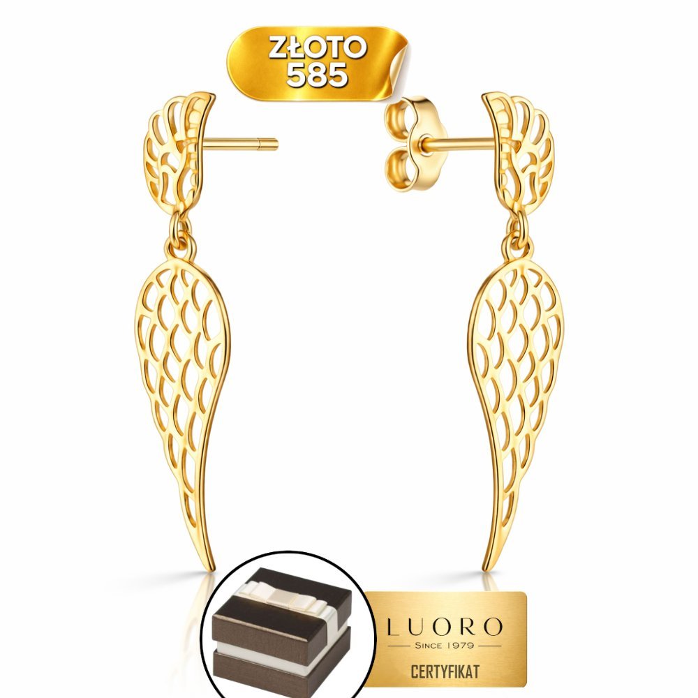 KOLCZYKI ZŁOTE 585 14K WISZĄCE SKRZYDŁA DELIKATNE 25 MM PREZENT