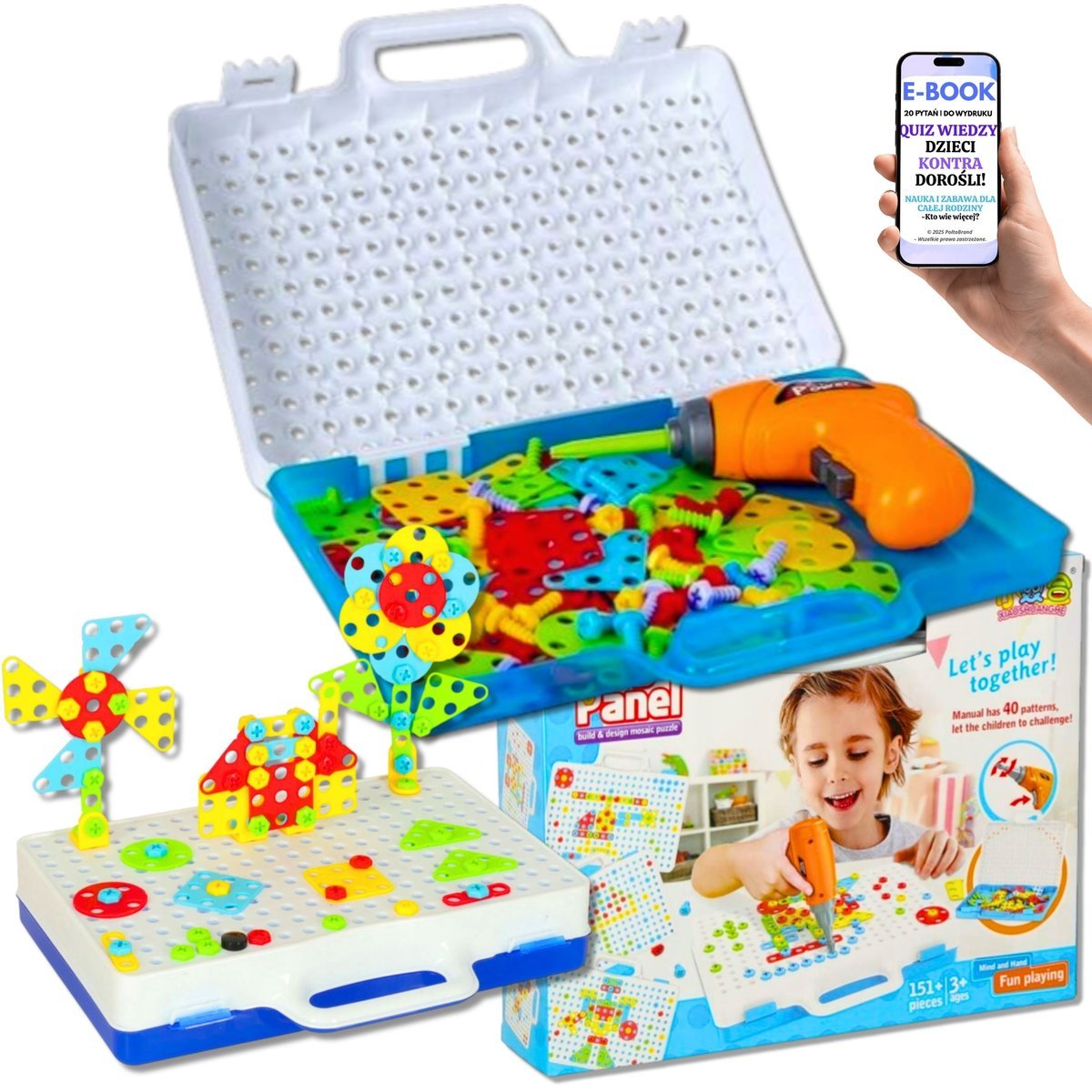 WALIZKA MAŁEGO MAJSTERKOWICZA KLOCKI DLA DZIECKA KONSTRUKCYJNE ZESTAW KLOCKÓW ZE ŚRUBKAMI + WKRĘTARKA Z DŹWIĘKAMI Prezent Dla Chłopca Wnuczka Cztero..