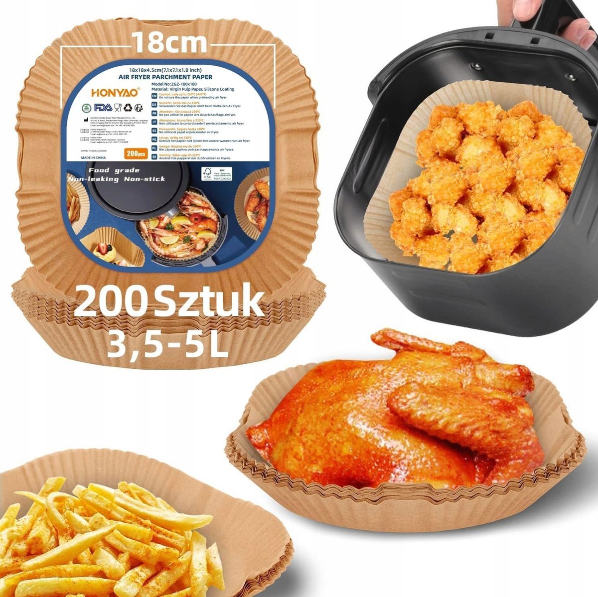 PAPIER 200 SZTUK 18X18CM KWADRAT DO FRYTKOWNICY BEZTŁUSZCZOWEJ JEDNORAZOWY