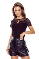 Bluzki damskie - Bluzka damska z krótkim rękawem tiutelm i koronką Noemi Eldar czarna  M - miniaturka - grafika 1