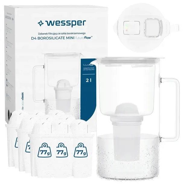 Szklany dzbanek filtrujący Wessper D4 BOROSILICATE MINI 2l + 10x filtr