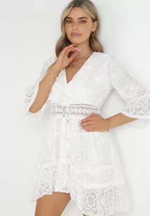 Biała Haftowana Sukienka Mini z Koronką i Przedłużanym Tyłem Azalaya - Sukienki - miniaturka - grafika 1
