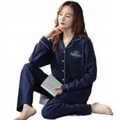 Piżamy damskie - Bawełniana Piżama Damska Dwuczęściowa Na Guziczki Z Długim Rękawem Granat M - miniaturka - grafika 1