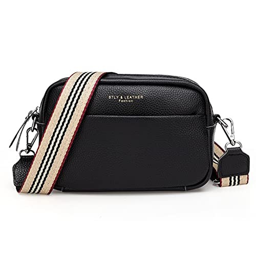 Torba crossbody dla kobiet prawdziwa skóra szeroki pasek torba na ramię torebka modny design aparat crossbody torebka top zamek błyskawiczny, A01-czarny, 8.66x6.3x3.15in