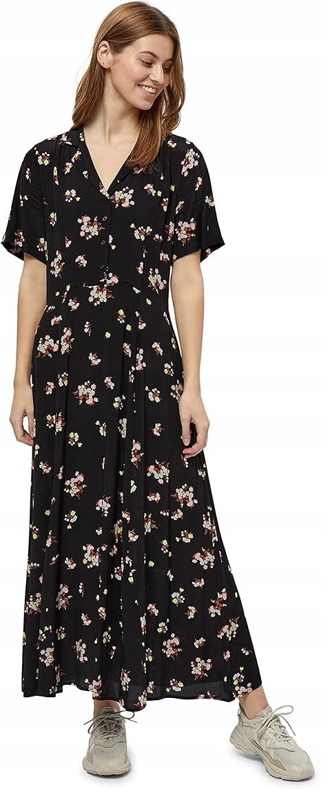 MINUS CZARNA SUKIENKA MIDI W KWIATY Z KOŁNIERZYKIEM 40 J9A