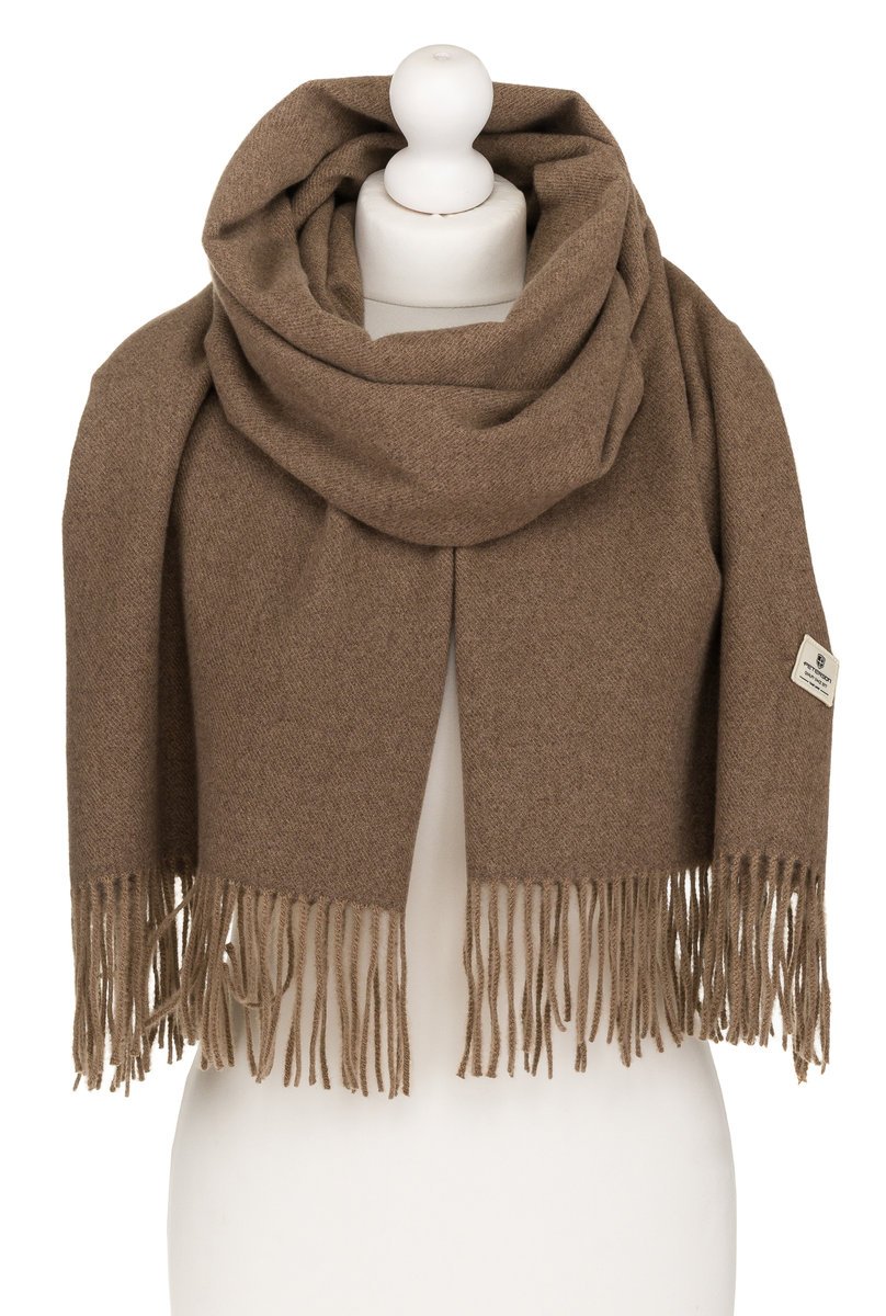 Ciepły duży szalik damski jesień zima PETERSON brązowy modny z frędzlami dwustronny wiskoza na prezent