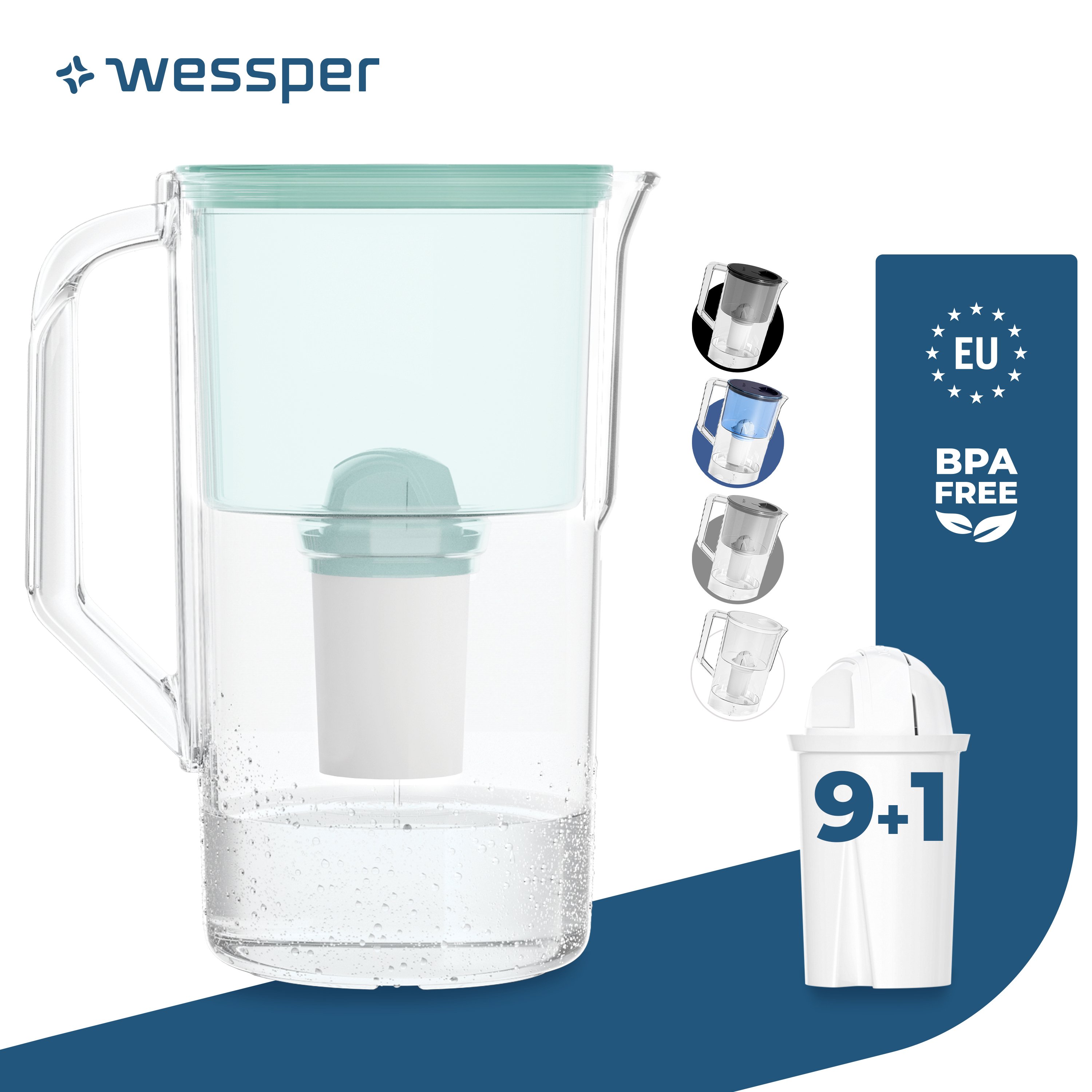 Wessper dzbanek filtrujący do wody 2,5 l Kompatybilny z Brita Classic, system filtracji wody redukujący kamień, chlor + 10x miętowy filtr do wody