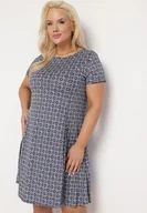 Sukienki - Niebieska Wiskozowa Sukienka w Mozaikowy Wzór o Rozkloszowanym Kroju Faellina - miniaturka - grafika 1