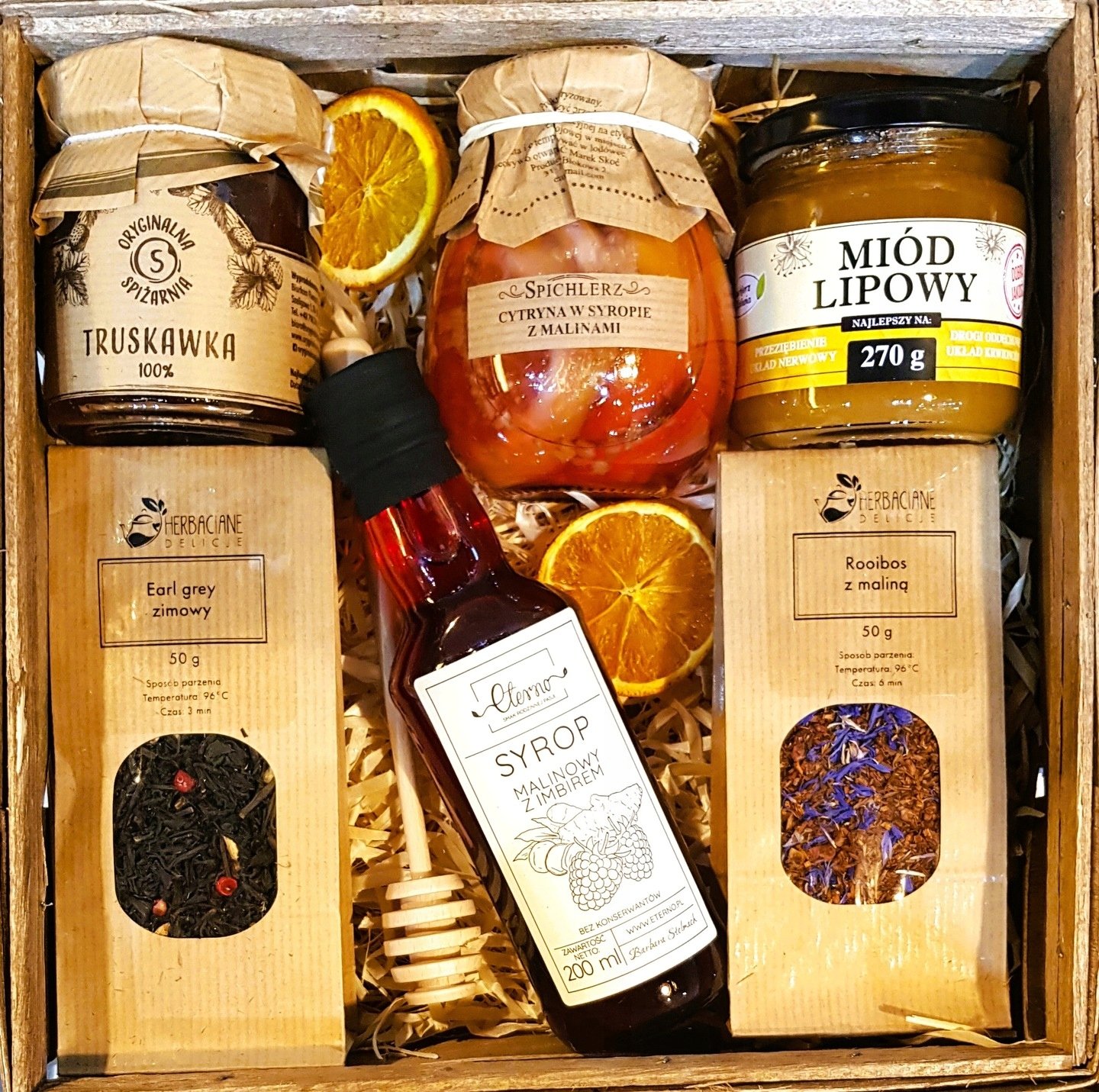 Kosz Prezentowy Miód Herbata Malina Cytryn
