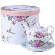 Herbata - London Boutique Herbata dla jednego czajniczek filiżanka suacer zestaw Shaby Chic flora ptak róża motyl porcelanowe pudełko prezentowe (niebieski) - miniaturka - grafika 1