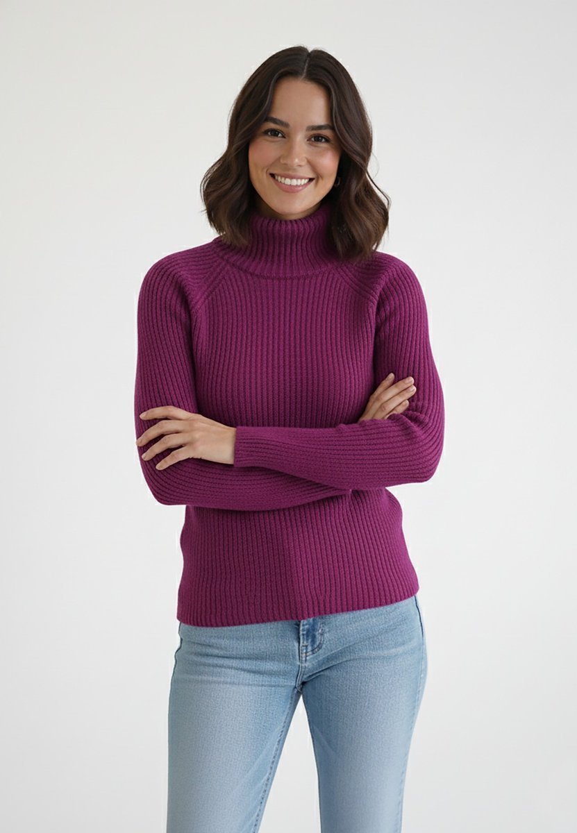 Damski dopasowany sweter prążkowany z golfem na zimę - M1267, fuksja, M