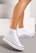 Trampki damskie - Białe Cyrkoniowe Trampki na Płaskiej Podeszwie z Wysoką Cholewką Isisea - Renee - miniaturka - grafika 1