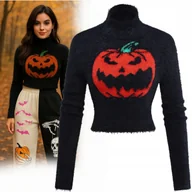 Swetry damskie - Sweter Damski Z Dynią Na Jesień Halloween Ciepły Krótki Golf M L Z - miniaturka - grafika 1