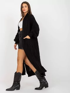 Swetry damskie - Sweter kardigan czarny casual narzutka rękaw długi długość długa kieszenie - grafika 1