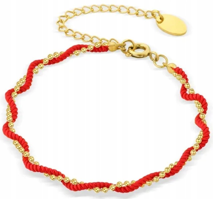 Złota Bransoletka Kulki z Czerwonym Sznurkiem Stal Szlachetna Chirurgiczna