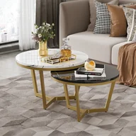 Ławy i stoliki kawowe - zestaw 2 stolików kawowych z metalową ramą, marmurowy stolik do salonu, stolik kawowy, 70x70x45/50x50x40cm, biały/czarny - miniaturka - grafika 1