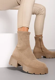 Ciemnobeżowe Botki na Grubej Podeszwie z Elastyczną Cholewką Tinayla - Botki damskie - miniaturka - grafika 1