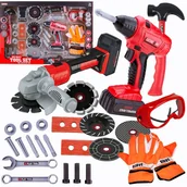 Mały majsterkowicz - ZESTAW MAJSTERKOWICZA NARZĘDZIA WARSZTAT DLA DZIECI młotek wkrętarka szlifierka kątowa boszka na baterie akcesoria rękawice okulary - miniaturka - grafika 1