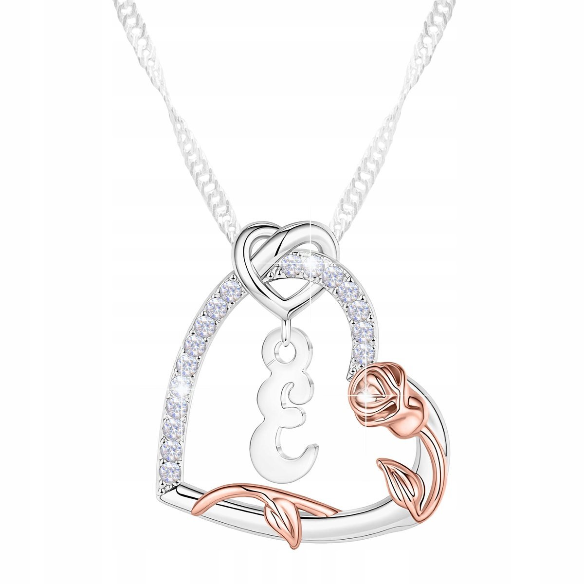 Naszyjnik Srebrny Serce z Literką E Róża Kwiat Życia Cyrkonie SREBRO 925