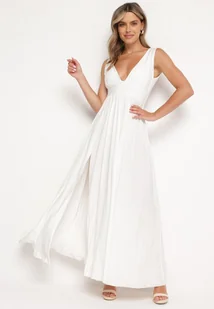 Biała Koktajlowa Sukienka na Ramiączkach z Trójkątnym Dekoltem i Rozcięciem z Boku Nestarli - Sukienki - miniaturka - grafika 1