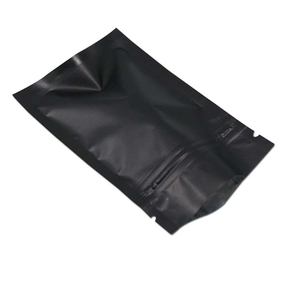 Zestaw 100 plastikowych torebek z aluminiową uszczelką z uchwytem, zamknięcie z mylaru, nadaje się do kontaktu z żywnością, bezzapachowe, czarne mat..