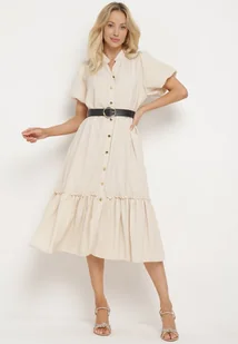 Beżowa Koszulowa Sukienka z Krótkim Rękawem Zapinana na Guziki z Paskiem z Ekoskóry Xantantia - Sukienki - miniaturka - grafika 1