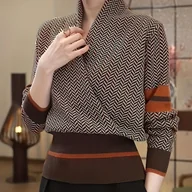 Swetry damskie - TEMU Elegancki sweter damski z rękawami typu "skrzydło nietoperza" i dekoltem w serek - szykowny design w b kolorów, luźny krój, długi rękaw, wysoka - miniaturka - grafika 1