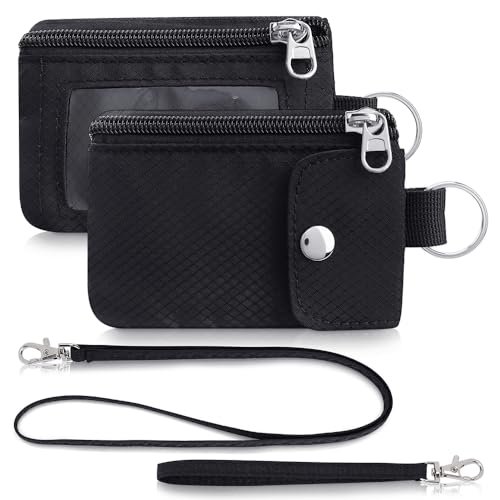 Artpaxy Minimalistyczny portfel dla mężczyzn i kobiet, brelok blokujący RFID, zamek błyskawiczny, mały portfel z okienkiem na dowód osobisty, 2 smycze, wodoodporny podróżny futerał na karty gotówkowe