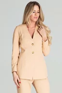 Marynarki i żakiety damskie - Elegancka Marynarka z Dekoltem V - Beżowa - miniaturka - grafika 1