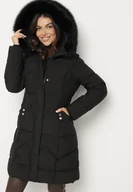 Kurtki damskie - Czarna Pikowana Kurtka o Taliowanym Kroju z Kapturem z Futerkiem Sintinnella - miniaturka - grafika 1