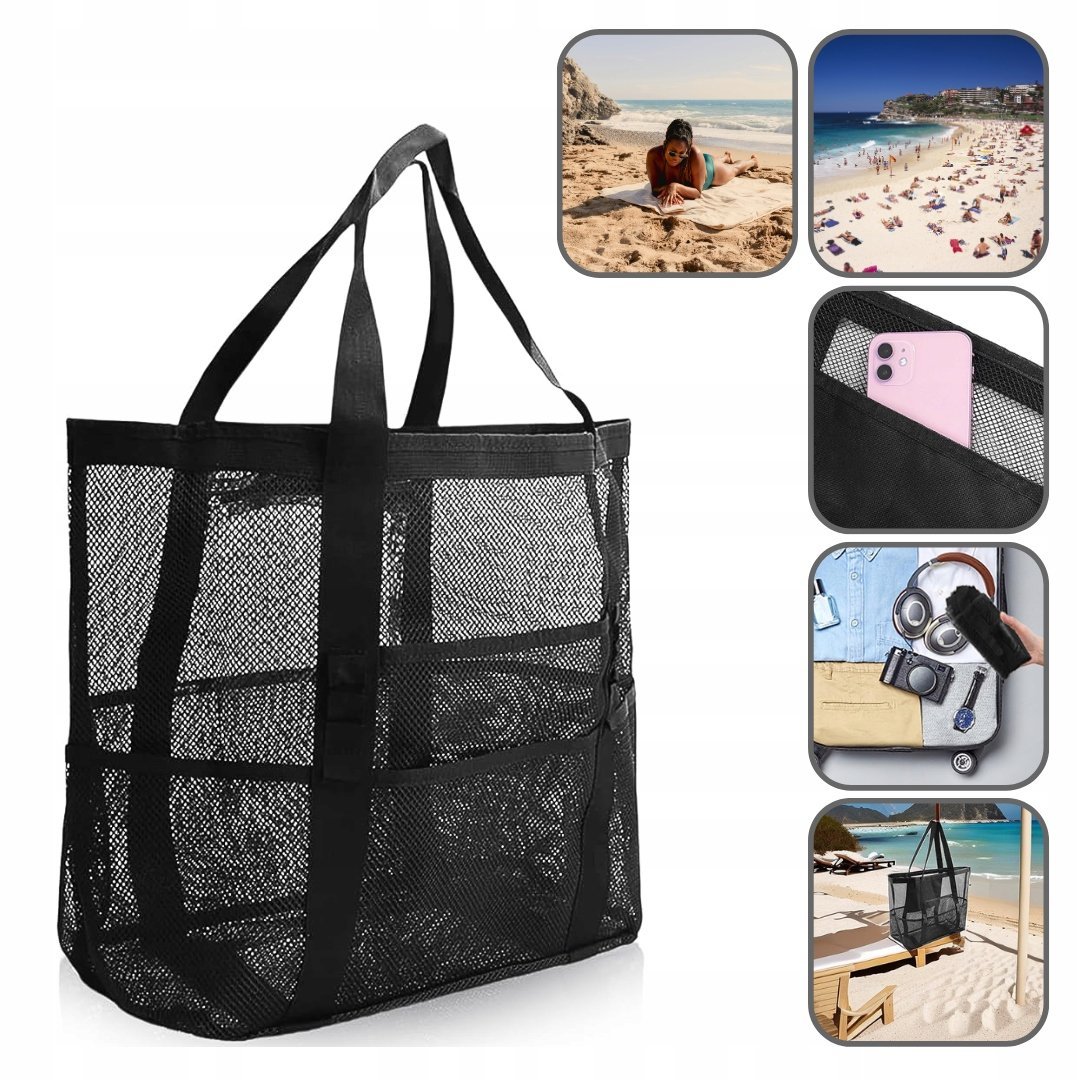 DUŻA TORBA XXL PLAŻOWA Z SIATKI - SKŁADANA - ODPORNA NA PIASEK - LEKKA