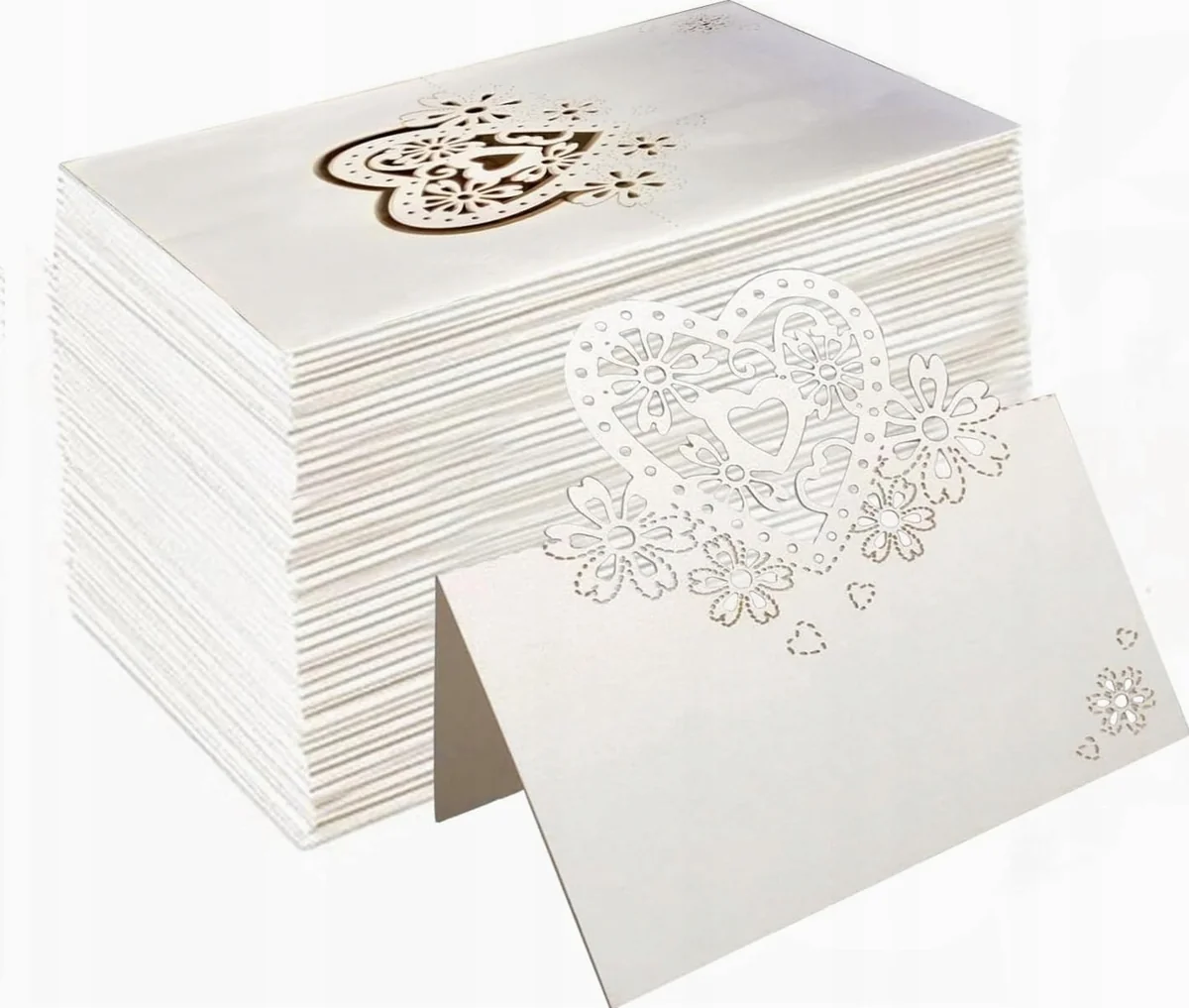 KARTY WIZYTÓWKI 50 SZTUK SERCE PAPIER PERŁOWY SKŁADANE OZDOBNE BIAŁE