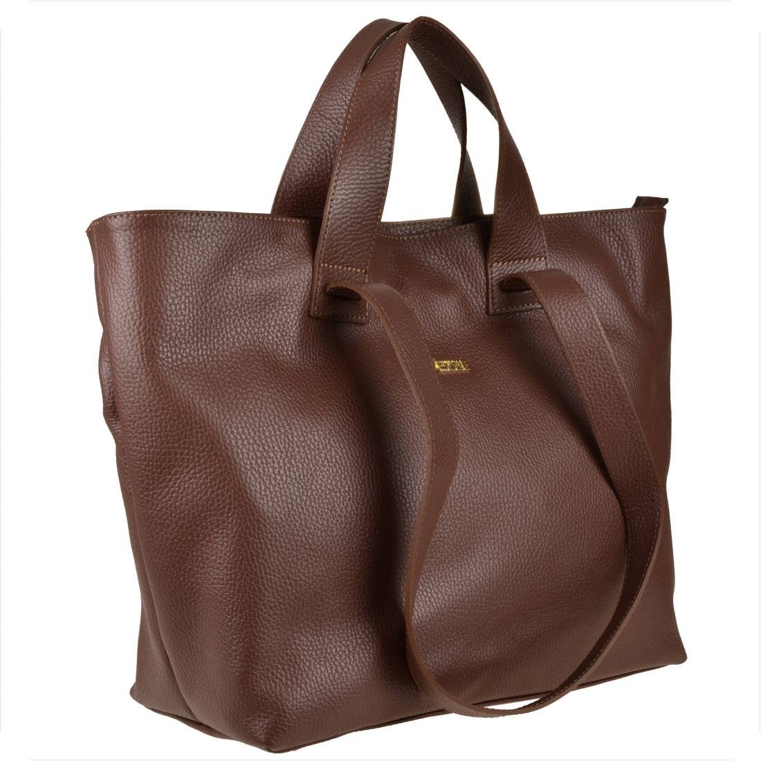 VEZZE Torba skórzana shopper bag brązowa złote okucia na ramię i do ręki