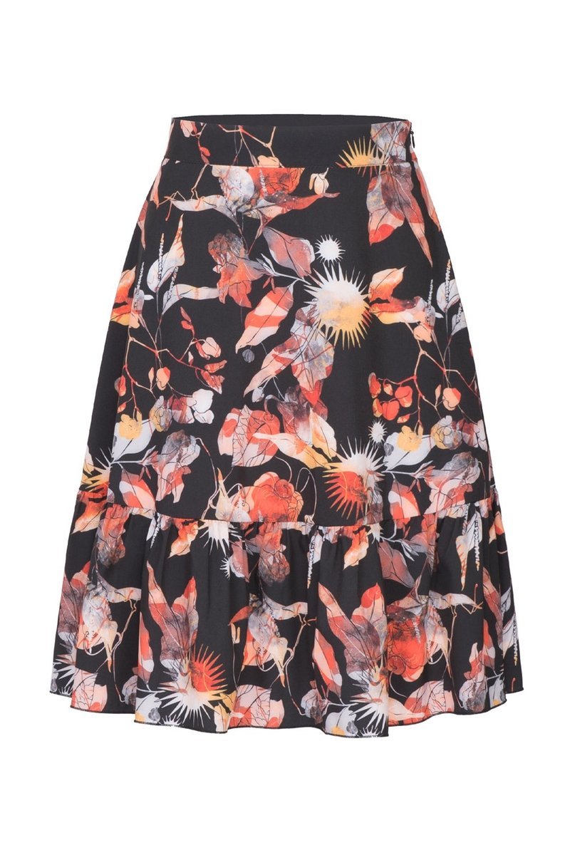 Rozkloszowana SPÓDNICA W KWIATY z falbaną M