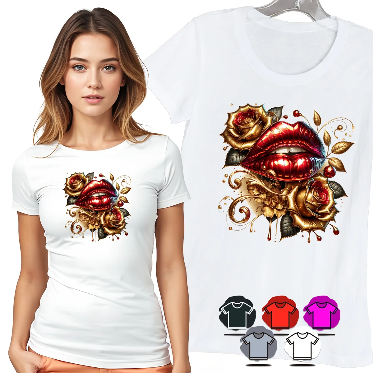 KOSZULKA DAMSKA T-SHIRT - ZŁOTE USTA RÓŻE ELEGANCKI DAMSKI WZÓR MODA - M