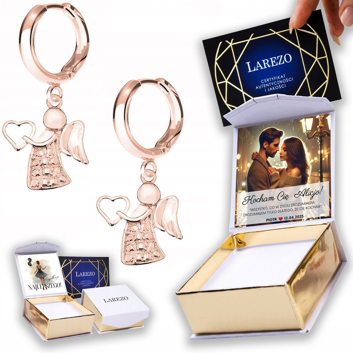 Kolczyki Pozłacane 925 Serca z Aniołami Anioły Aniołki Anioł Stróż NADRUK