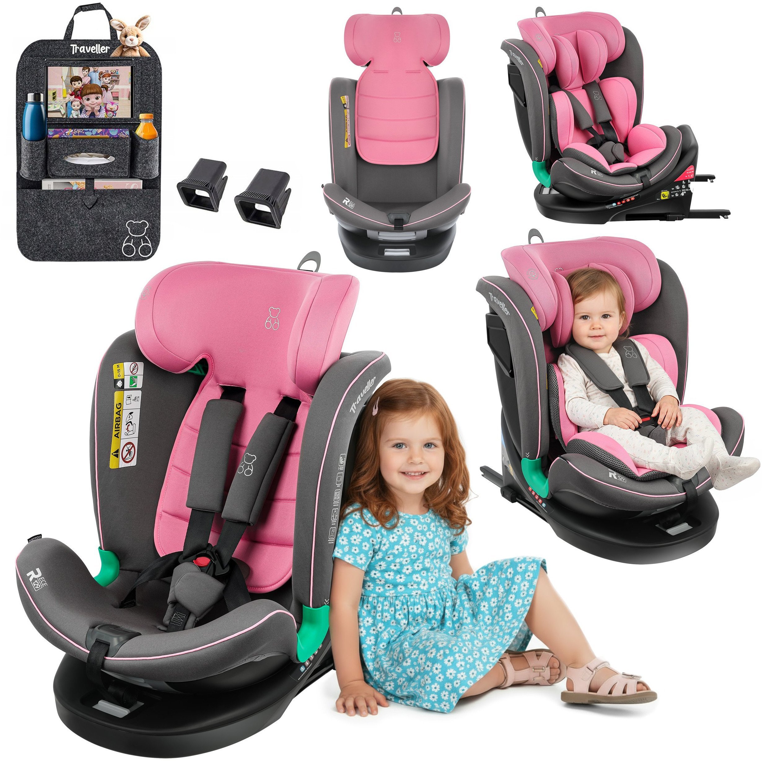 FOTELIK SAMOCHODOWY OBROTOWY LEONARDO 360 RÓŻOWO-SZARY 40-150 CM i-Size R129 ISOFIX