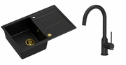 Zlewozmywaki z baterią - Quadron Zlewozmywak granitowy jednokomorowy 78*50*22 cm z ociekaczem MORGAN 111 PURE CARBON czarny ze złotym odpływem z baterią INGRID Q LINE PURE CARBON kolor czarny - miniaturka - grafika 1
