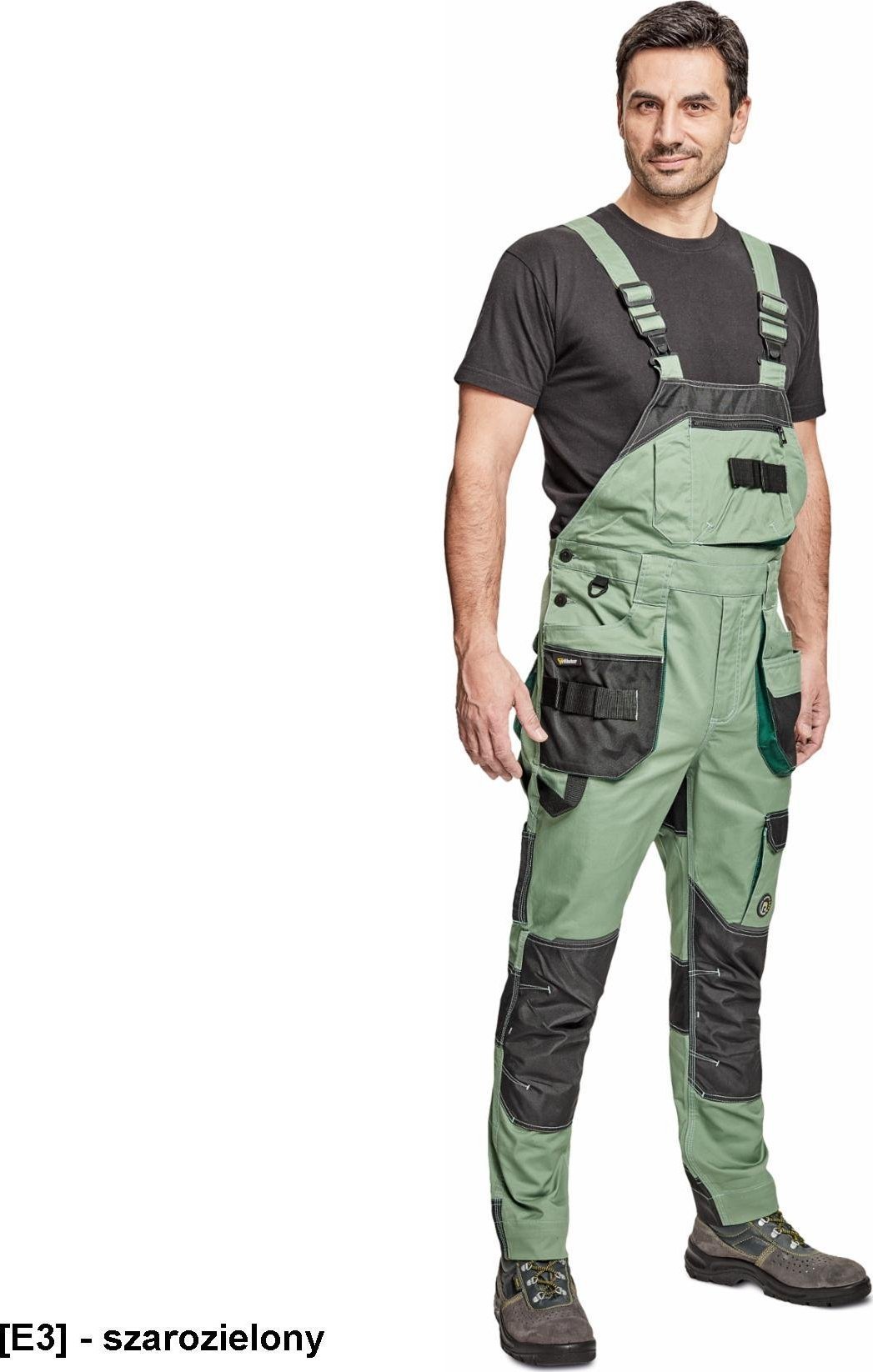 CERVA DAYBORO ogrodniczki - męskie ogrodniczki robocze, odblaskowe elementy, 62% bawełna, 32% poliester, 3% spandex - szarozielony 52