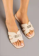 Klapki i japonki damskie - Beżowe Klapki na Płaskiej Podeszwie z Elegancką Aplikacją Ellidella - miniaturka - grafika 1