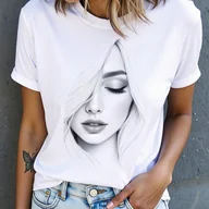 Bluzki damskie - TEMU Koszulka Damska z Artystycznym Portretem - Minimalistyczna Twarzy, Casualowa Koszulka na Każdą Porę Roku dla Miłośniczek Sztuki i Portretów, - miniaturka - grafika 1