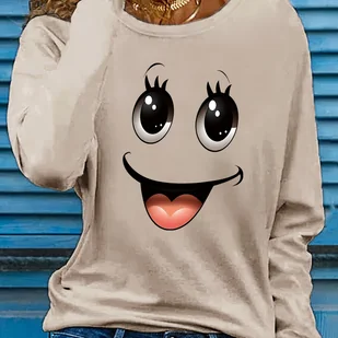 TEMU 1 szt. Dziewczęca bluzka z długim rękawem i uroczy wzór geometryczny, poliestrowa tkanina z dzianiny, okrągły dekolt, dopasowany kształt, - Bluzki damskie - miniaturka - grafika 1