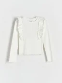 Bluzki dla dziewczynek - Reserved - Bawełniana koszulka z falbankami - złamana biel - miniaturka - grafika 1